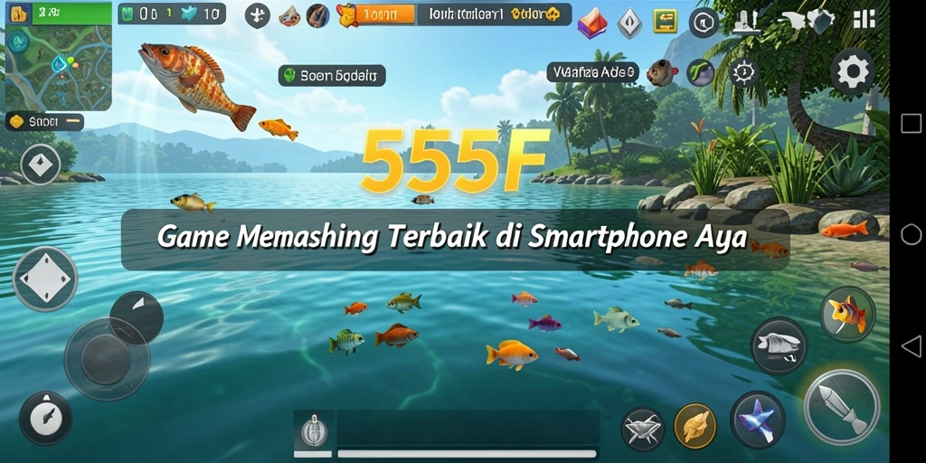 Tampilan gameplay 555F saat memancing di danau yang indah.