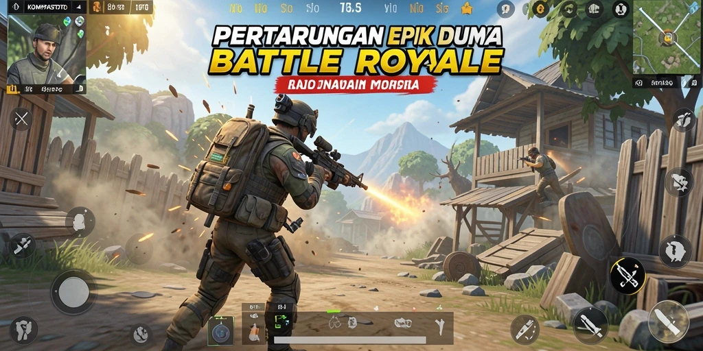 Screenshot menunjukkan aksi seru pertempuran di KOMPASTOTO Battle Royale.