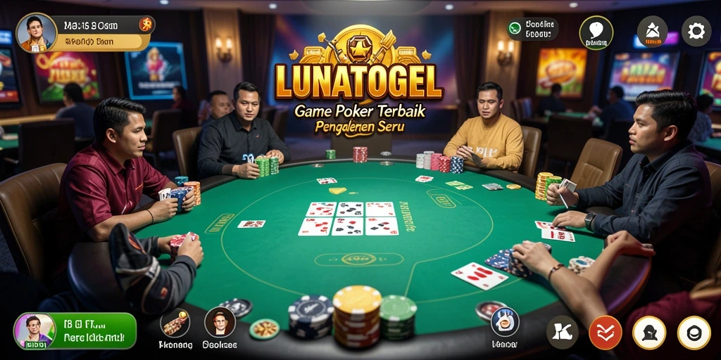 Screenshot LUNATOGEL menampilkan permainan Poker yang mendebarkan dan interaksi pemain.