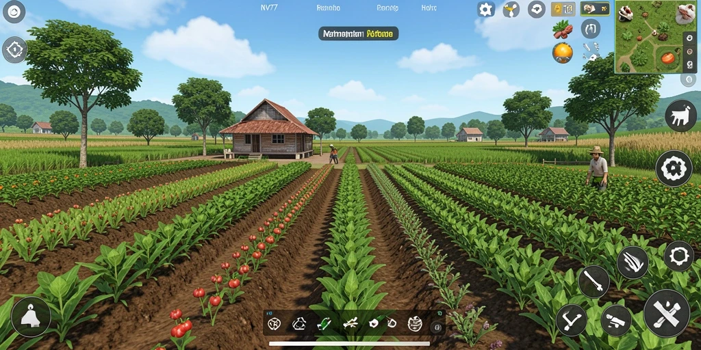 Screenshot gameplay NV77 menunjukkan berbagai aktivitas bertani yang seru.