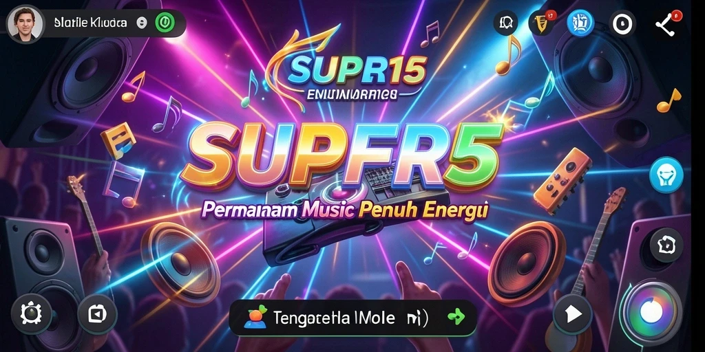 Tangkapan layar gameplay SUPER5 dengan aksi musik yang dinamis.